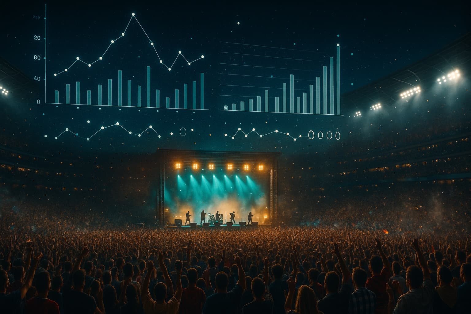 A concert arena with giant charts floating above the stage